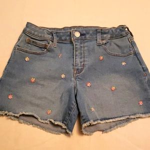 Girls denim shorts embroidered with pink flowers by the Gap, size 12